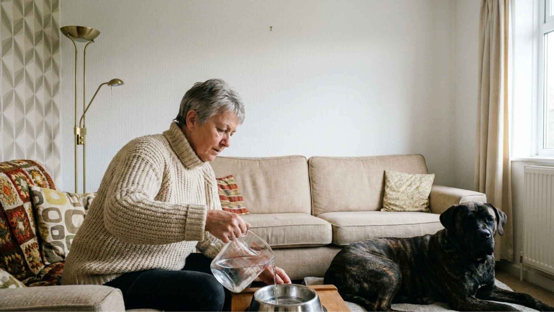mujer dando de beber a un perro